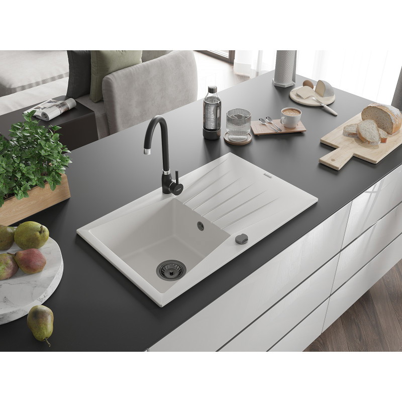 Mexen Cesar granitový drez s 1 komorou a odkvapkávacou plochou 775 x 470 mm, biely, čierny sifón - 6514771010-20-B