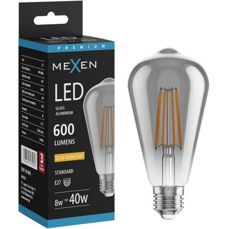 Mexen Vintis LED žiarovka s vláknom E27, ST64, 8W, Teplá - 2200K, 600 lm, dymová - L152-E27-0822-70