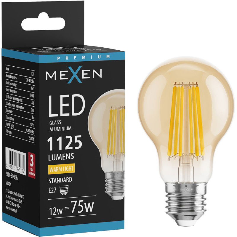 Mexen Vintis LED žiarovka typu filament E27, A60, 12W, Teplá - 2700K, 1125 lm, jantárová - L150-E27-1227-50