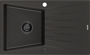 Mexen Cesar žulový drez s 1 komorou a odkvapkávacou plochou 775 x 470 mm, čierny/zlatý metalik, čierny sifón - 6514771010-75-B