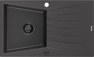 Mexen Cesar žulový drez 1-komorový s odkvapkávacou plochou 775 x 470 mm, čierny kropený, čierny sifón - 6514771010-76-B