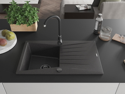 Mexen Cesar žulový drez 1-komorový s odkvapkávacou plochou 775 x 470 mm, čierny kropený, čierny sifón - 6514771010-76-B