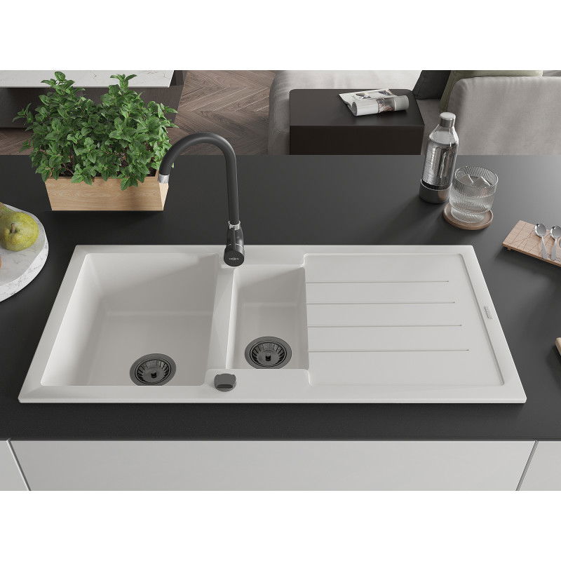 Mexen Andres granitový drez 1,5-komorový s odkvapkávačom 1000 x 500 mm, biely, čierny sifón - 6515101510-20-B