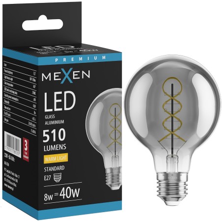 Mexen Vintis Žiarovka filament špirála LED E27, G80, 8W, Teplá - 2700K, 510 lm, dymová - L165-E27-0827-70