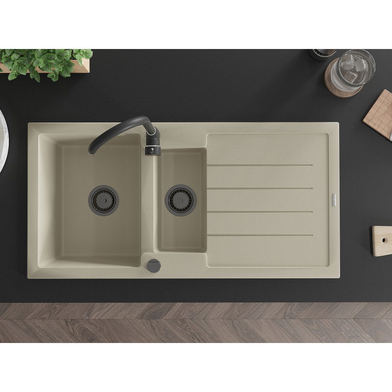 Mexen Andres granitový drez 1,5-komorový s odkvapkávačom 1000 x 500 mm, béžový, čierny sifón - 6515101510-69-B