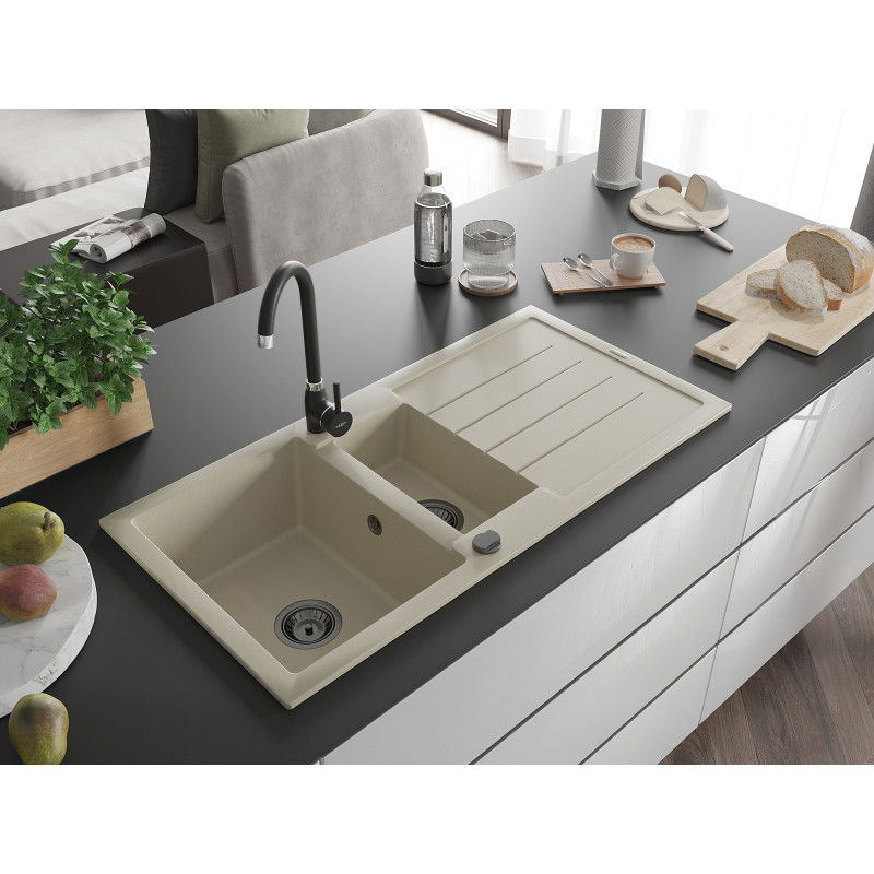 Mexen Andres granitový drez 1,5-komorový s odkvapkávačom 1000 x 500 mm, béžový, čierny sifón - 6515101510-69-B