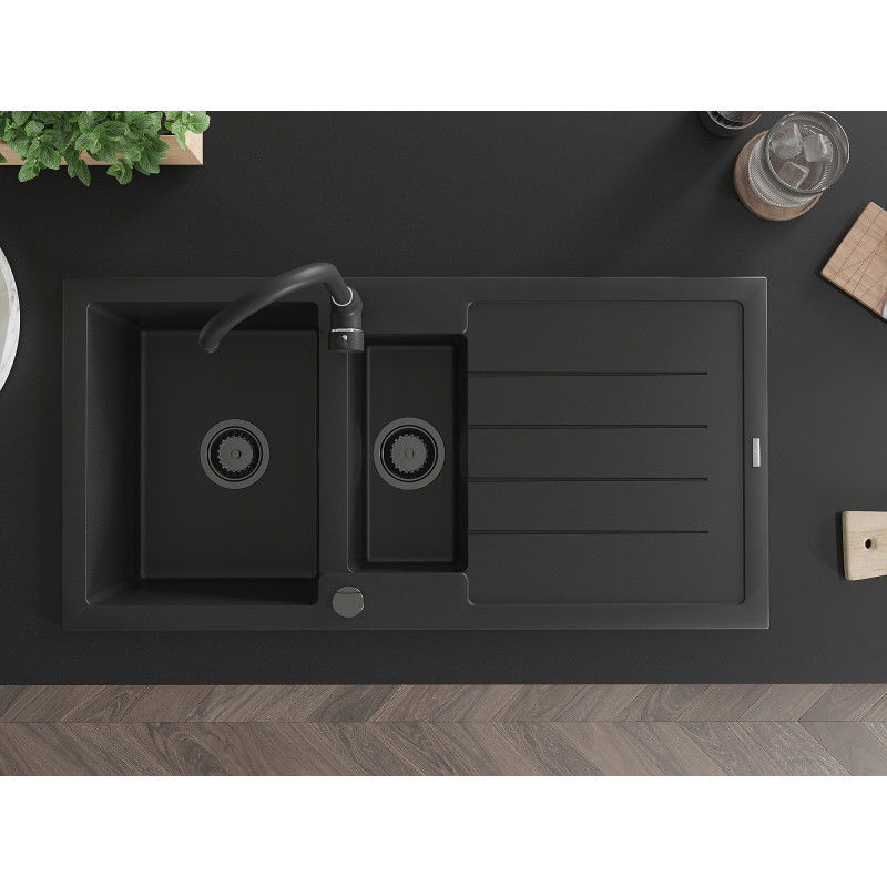 Mexen Andres granitový drez 1,5-komorový s odkvapkávačom 1000 x 500 mm čierny, sifón čierny - 6515101510-77-B