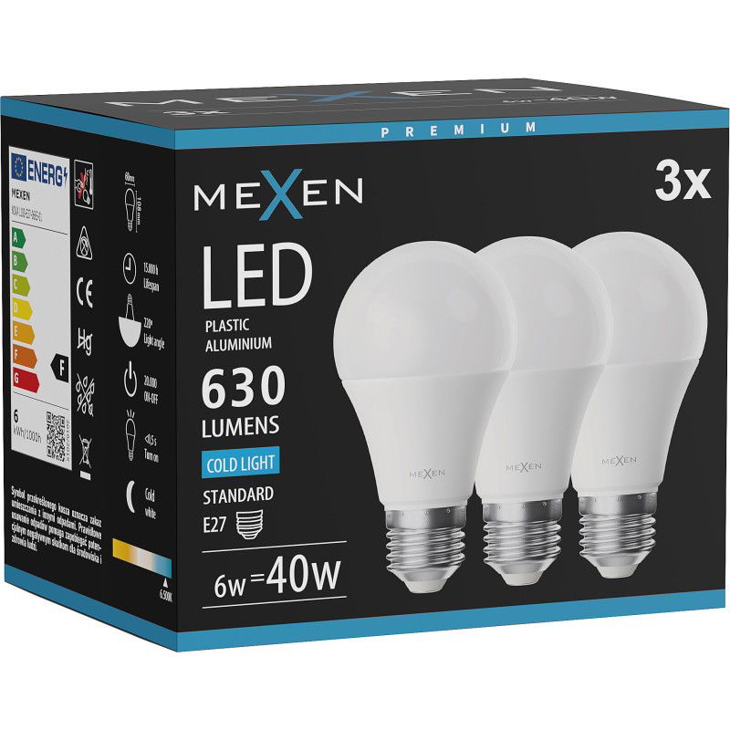 Mexen Nova 3x LED žiarovka E27, A60, 6W, Studená - 6500K, 630 lm - L100-E27-0665-01x03