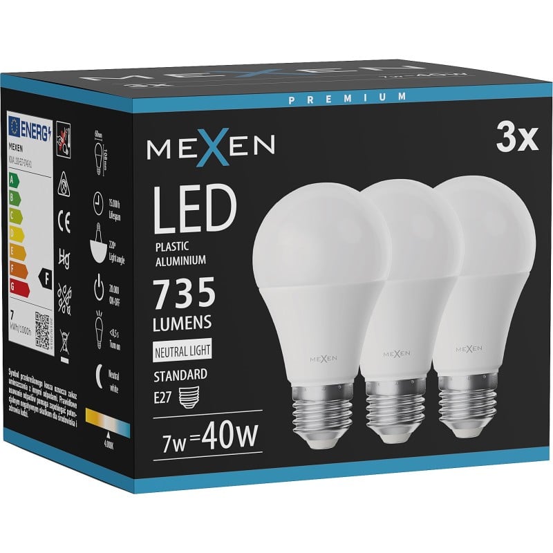 Mexen Nova 3x Žiarovka LED E27, A60, 7W, Neutrálna - 4000K, 735 lm - L100-E27-0740-01x03
