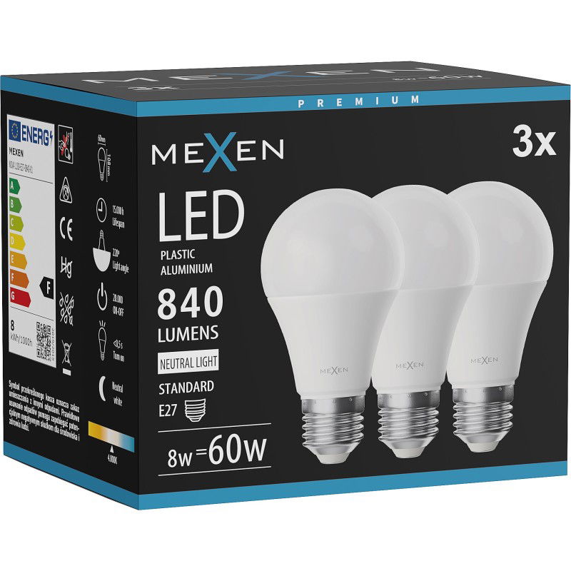Mexen Nova 3x LED žiarovka E27, A60, 8W, Neutrálna - 4000K, 840 lm - L100-E27-0840-01x03