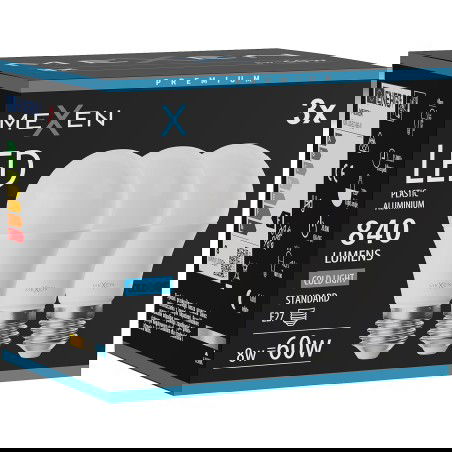 Mexen Nova 3x Žiarovka LED E27, A60, 8W, Studená - 6500K, 840 lm - L100-E27-0865-01x03