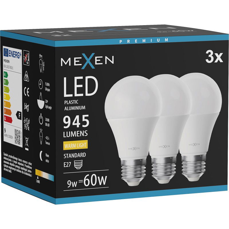 Mexen Nova 3x LED žiarovka E27, A60, 9W, Teplá - 3000K, 945 lm - L100-E27-0930-01x03