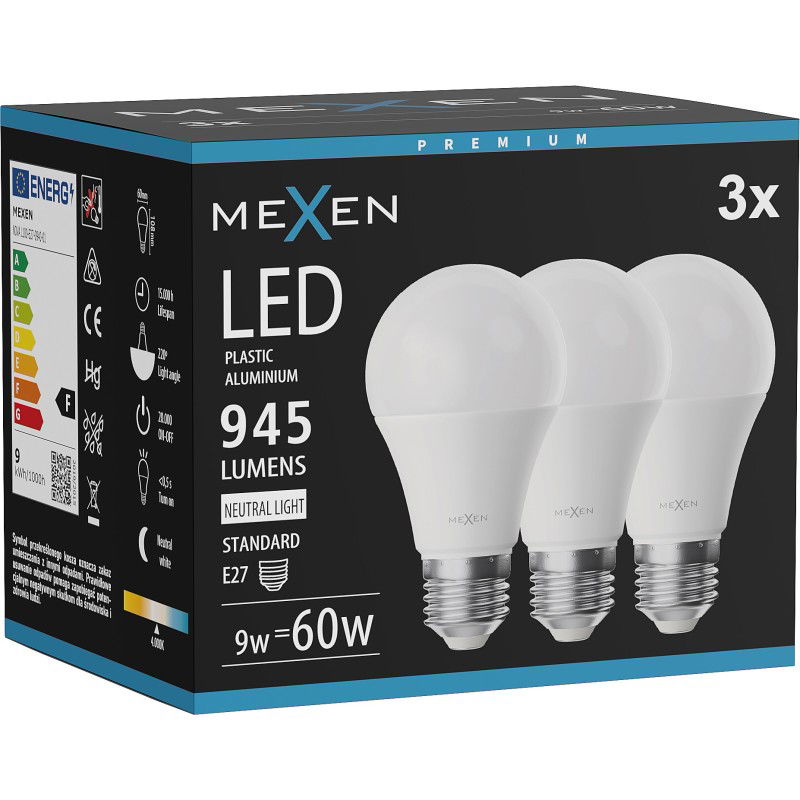 Mexen Nova 3x LED žiarovka E27, A60, 9W, Neutrálna - 4000K, 945 lm - L100-E27-0940-01x03