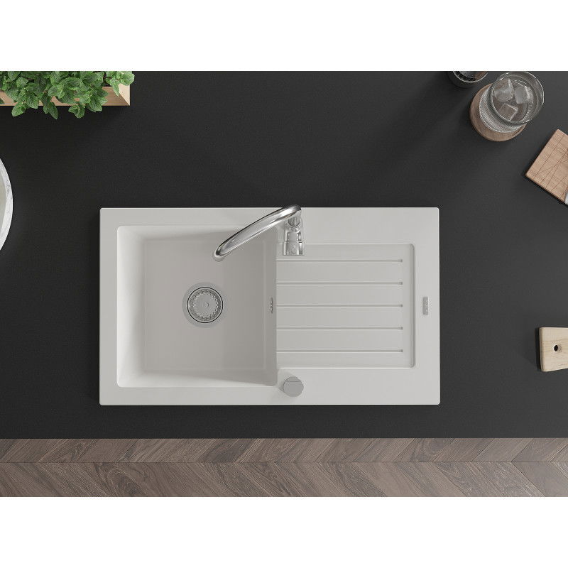 Mexen Pablo žulový kuchynský drez s odkvapkávačom 752 x 436 mm, biely, sifón chróm - 6510751010-20