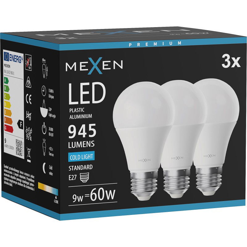 Mexen Nova 3x LED žiarovka E27, A60, 9W, Studená - 6500K, 945 lm - L100-E27-0965-01x03