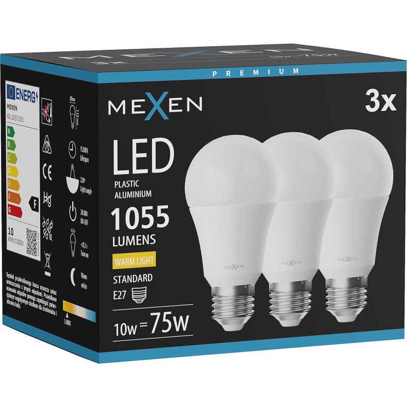 Mexen Nova 3x LED žiarovka E27, A60, 10W, Teplá - 3000K, 1055 lm - L100-E27-1030-01x03