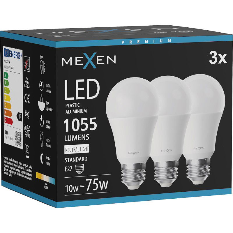Mexen Nova 3x LED žiarovka E27, A60, 10W, Neutrálna - 4000K, 1055 lm - L100-E27-1040-01x03