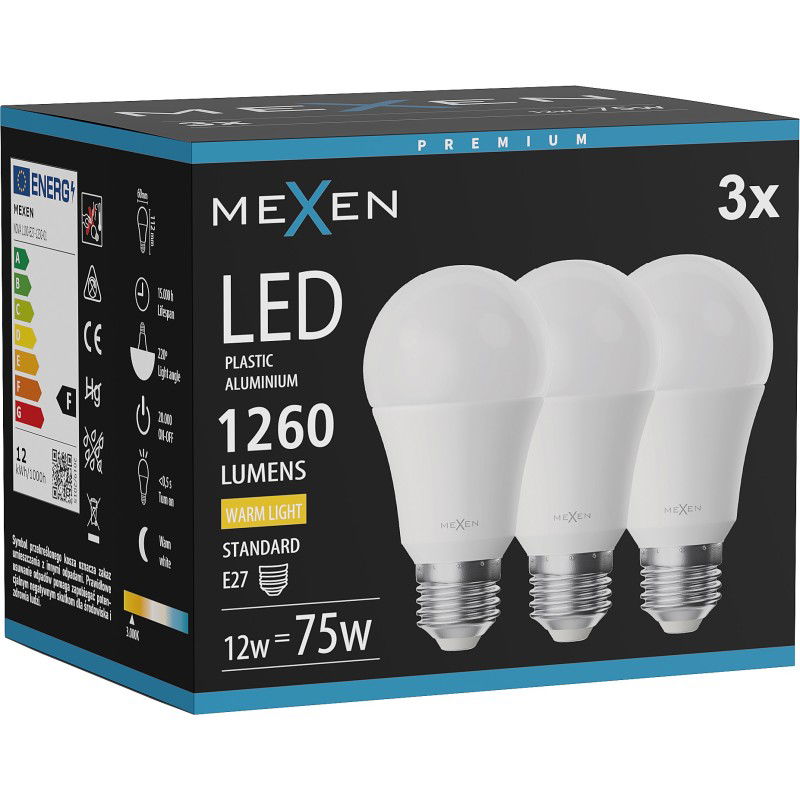 Mexen Nova 3x LED žiarovka E27, A60, 12W, Teplá - 3000K, 1260 lm - L100-E27-1230-01x03