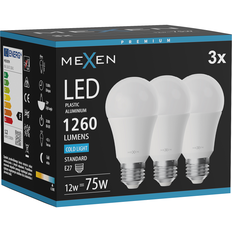 Mexen Nova 3x LED Žiarovka E27, A60, 12W, Studená - 6500K, 1260 lm - L100-E27-1265-01x03