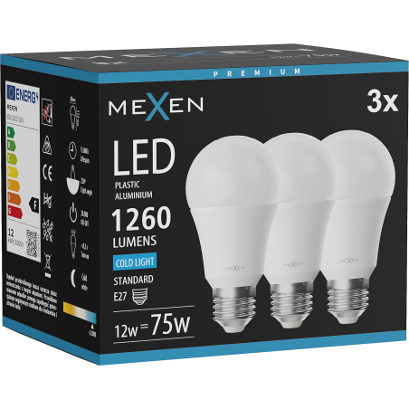 Mexen Nova 3x LED Žiarovka E27, A60, 12W, Studená - 6500K, 1260 lm - L100-E27-1265-01x03