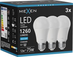 Mexen Nova 3x LED Žiarovka E27, A60, 12W, Studená - 6500K, 1260 lm - L100-E27-1265-01x03