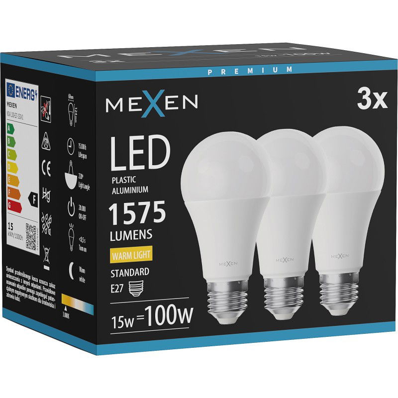 Mexen Nova 3x LED žiarovka E27, A60, 15W, Teplá - 3000K, 1575 lm - L100-E27-1530-01x03