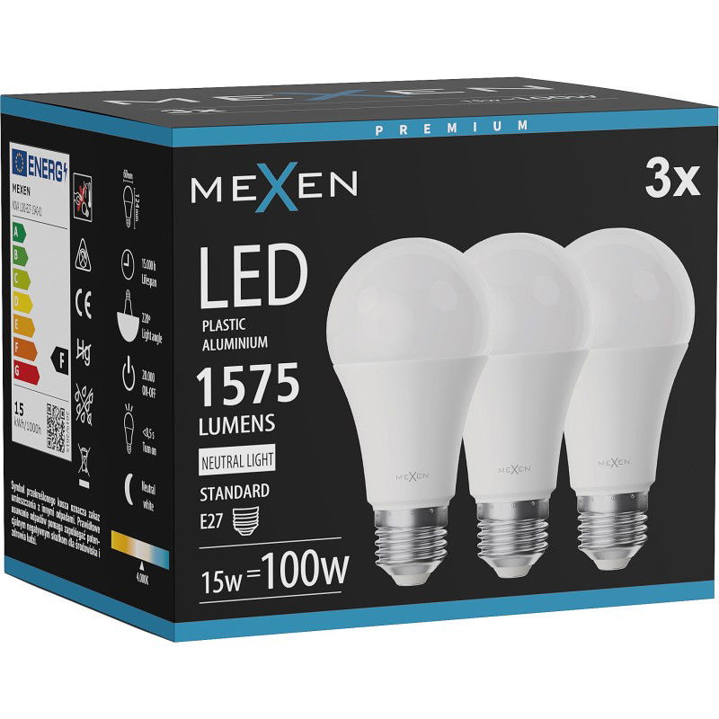 Mexen Nova 3x LED žiarovka E27, A60, 15W, Neutrálna - 4000K, 1575 lm - L100-E27-1540-01x03