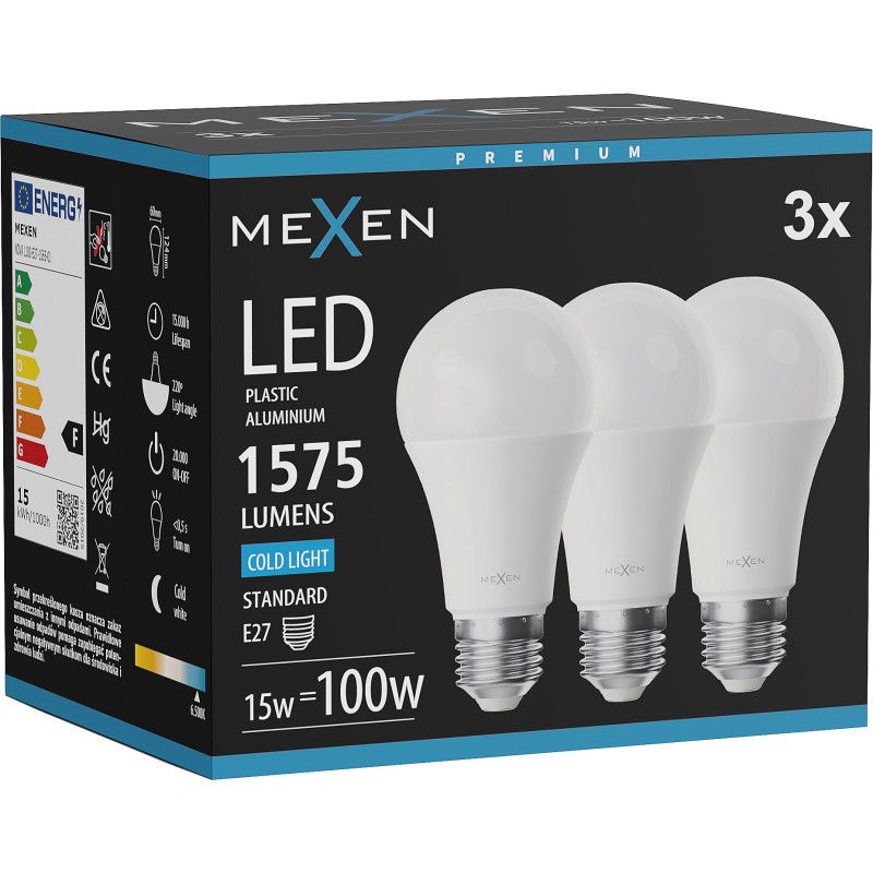 Mexen Nova 3x LED žiarovka E27, A60, 15W, Studená - 6500K, 1575 lm - L100-E27-1565-01x03