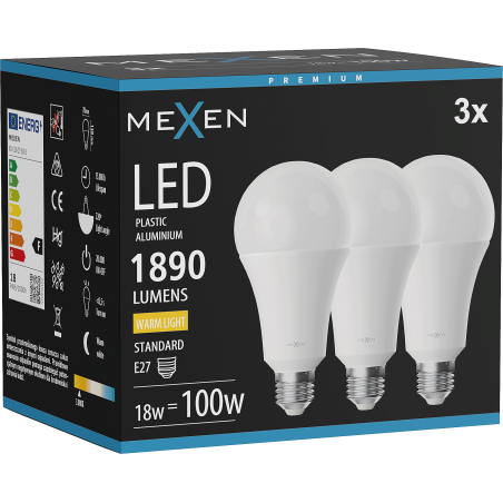 Mexen Nova 3x LED žiarovka E27, A70, 18W, Teplá - 3000K, 1890 lm - L100-E27-1830-01x03