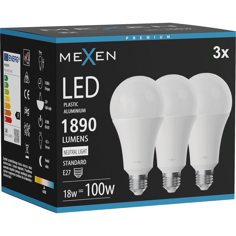 Mexen Nova 3x LED žiarovka E27, A70, 18W, Neutrálna - 4000K, 1890 lm - L100-E27-1840-01x03