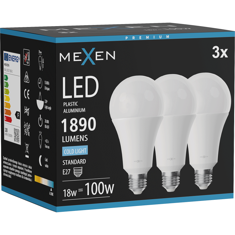 Mexen Nova 3x LED žiarovka E27, A70, 18W, Studená - 6500K, 1890 lm - L100-E27-1865-01x03