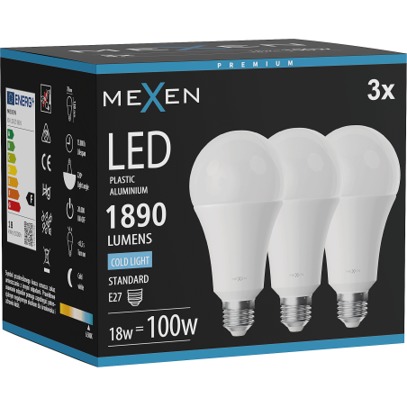 Mexen Nova 3x LED žiarovka E27, A70, 18W, Studená - 6500K, 1890 lm - L100-E27-1865-01x03