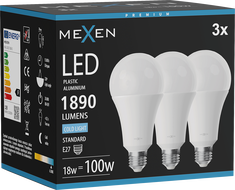 Mexen Nova 3x LED žiarovka E27, A70, 18W, Studená - 6500K, 1890 lm - L100-E27-1865-01x03