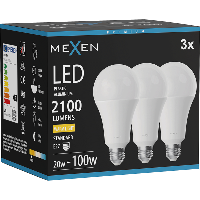 Mexen Nova 3x LED žiarovka E27, A70, 20W, Teplá - 3000K, 2100 lm - L100-E27-2030-01x03