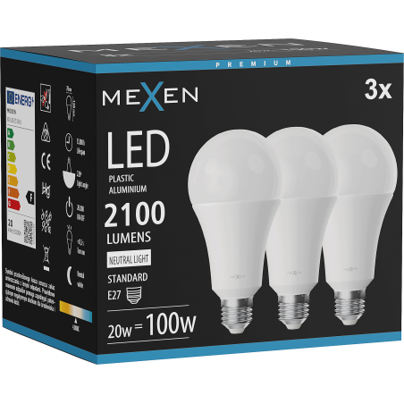 Mexen Nova 3x LED žiarovka E27, A70, 20W, Neutrálna - 4000K, 2100 lm - L100-E27-2040-01x03