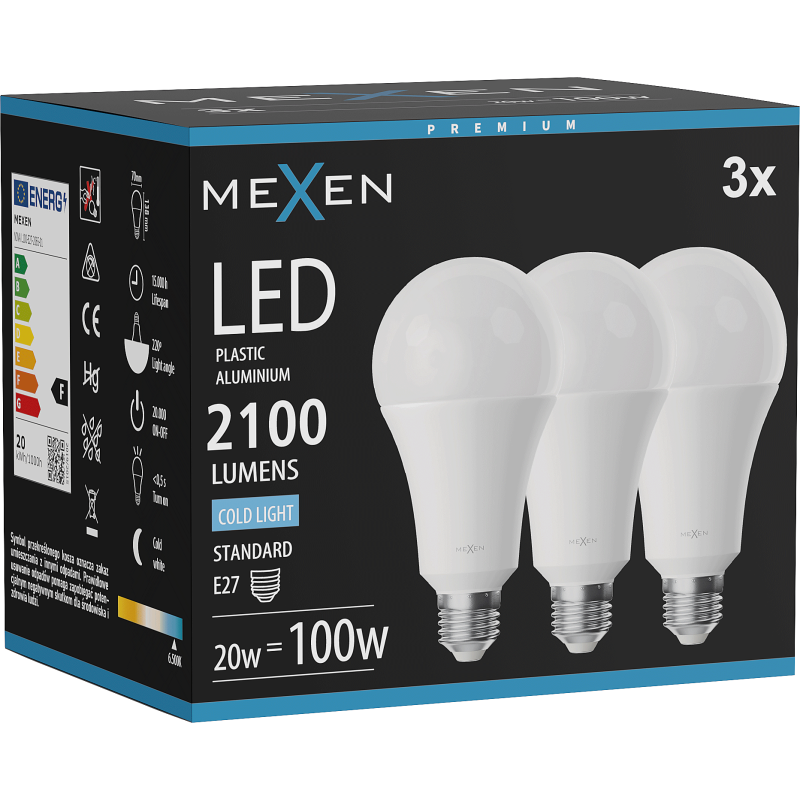 Mexen Nova 3x LED žiarovka E27, A70, 20W, Studená - 6500K, 2100 lm - L100-E27-2065-01x03