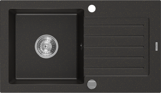 Mexen Pablo Granitový drez s 1 komorou a odkvapkávačom 752 x 436 mm, čierny/zlatý metalik, chrómový sifón