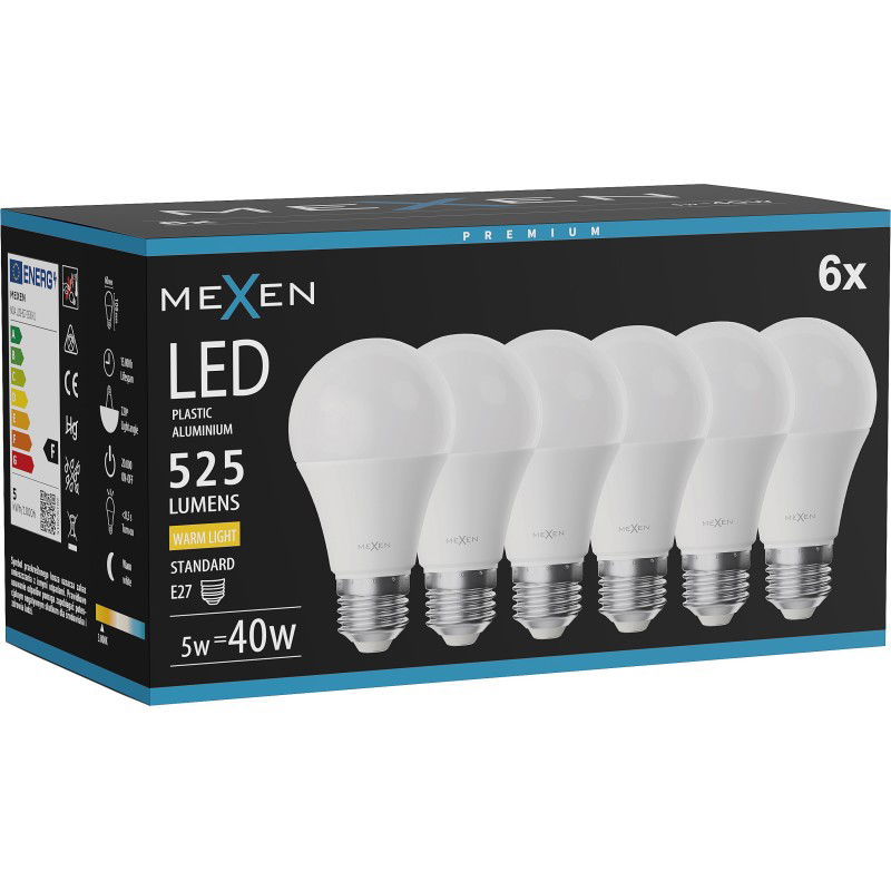 Mexen Nova 6x LED žiarovka E27, A60, 5W, Teplá - 3000K, 525 lm - L100-E27-0530-01x06