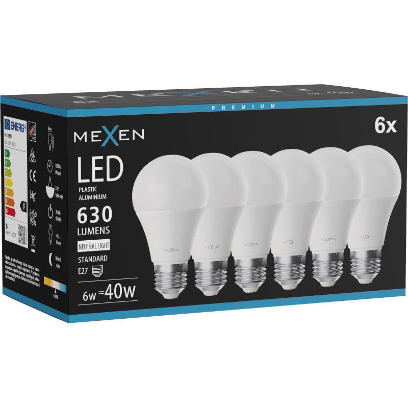 Mexen Nova 6x LED žiarovka E27, A60, 6W, Neutrálna - 4000K, 630 lm - L100-E27-0640-01x06