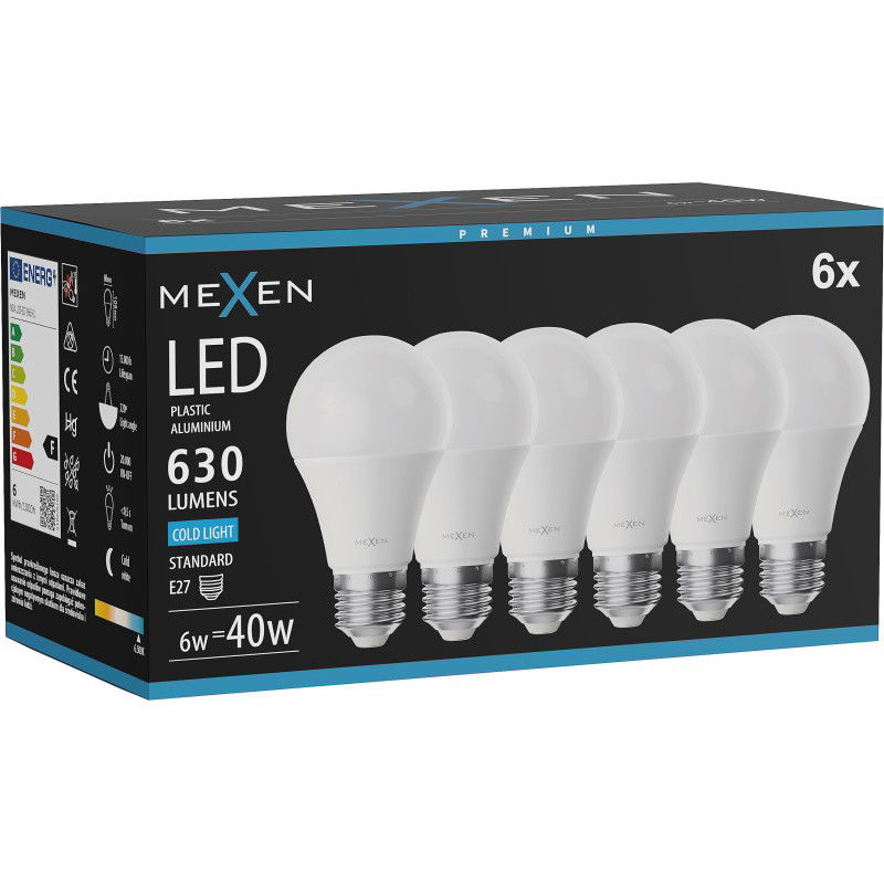Mexen Nova 6x LED žiarovka E27, A60, 6W, Studená - 6500K, 630 lm - L100-E27-0665-01x06