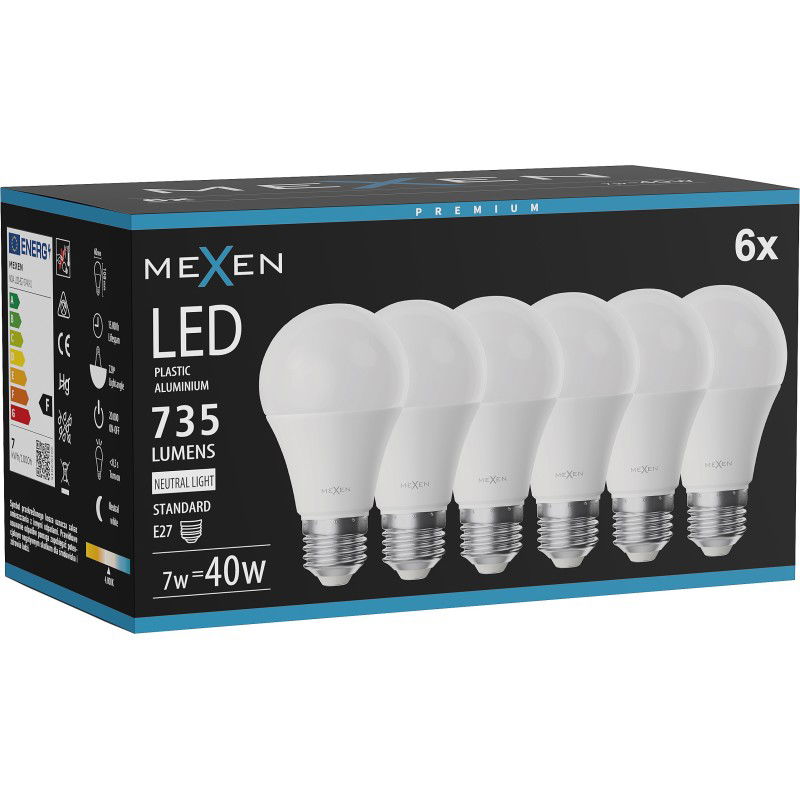 Mexen Nova 6x LED žiarovka E27, A60, 7W, Neutrálna - 4000K, 735 lm - L100-E27-0740-01x06