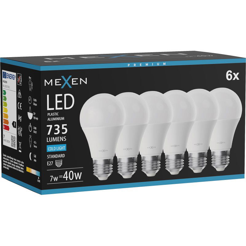 Mexen Nova 6x žiarovka LED E27, A60, 7W, Studená - 6500K, 735 lm - L100-E27-0765-01x06