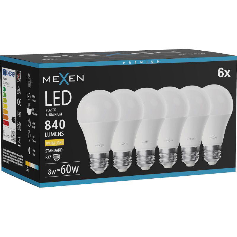 Mexen Nova 6x LED žiarovka E27, A60, 8W, Teplá - 3000K, 840 lm - L100-E27-0830-01x06