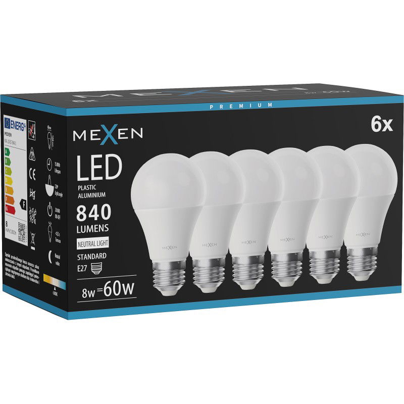 Mexen Nova 6x LED žiarovka E27, A60, 8W, Neutrálna - 4000K, 840 lm - L100-E27-0840-01x06