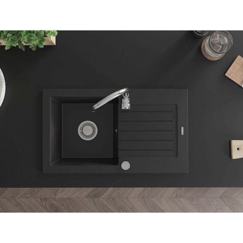 Mexen Pablo žulový kuchynský drez s odkvapkávačom 752 x 436 mm, čierny, sifón chróm - 6510751010-77