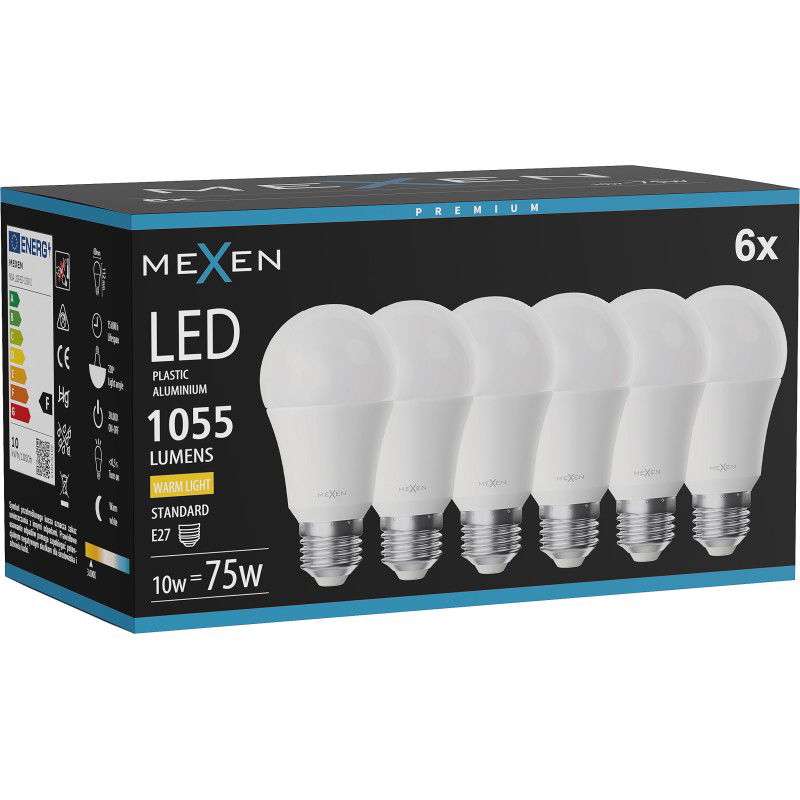 Mexen Nova 6x LED žiarovka E27, A60, 10W, Teplá - 3000K, 1055 lm - L100-E27-1030-01x06