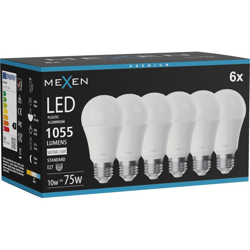 Mexen Nova 6x LED Žiarovka E27, A60, 10W, Neutrálna - 4000K, 1055 lm - L100-E27-1040-01x06