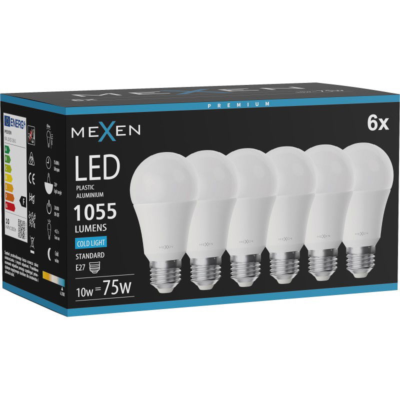 Mexen Nova 6x LED žiarovka E27, A60, 10W, Studená - 6500K, 1055 lm - L100-E27-1065-01x06