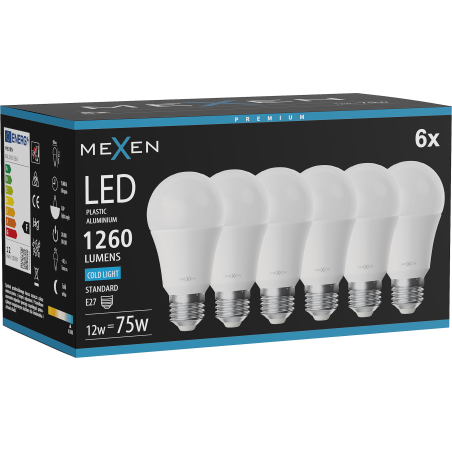Mexen Nova 6x LED žiarovka E27, A60, 12W, Studená - 6500K, 1260 lm - L100-E27-1265-01x06