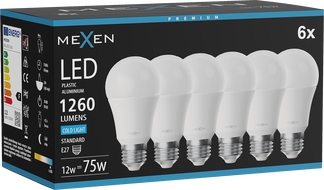 Mexen Nova 6x LED žiarovka E27, A60, 12W, Studená - 6500K, 1260 lm - L100-E27-1265-01x06